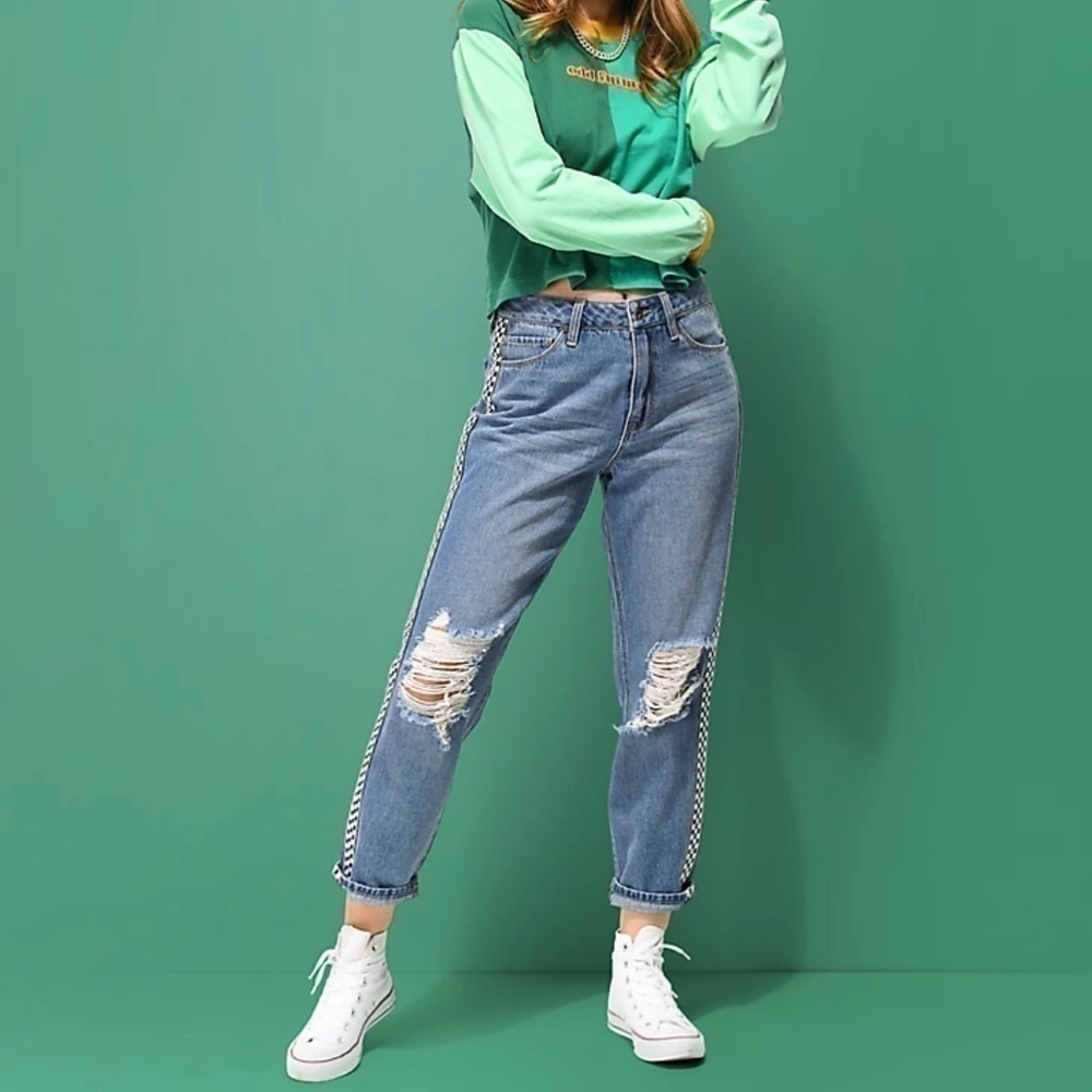Empyre Eileen Checkered Striped Light Wash Mom Jeans